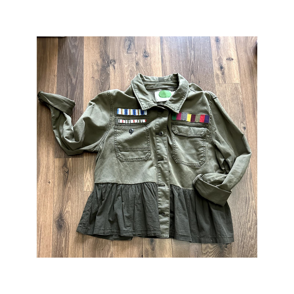Anthropologie Olive Green Peplum Military Jacket Bead/Patch detail Sz Large